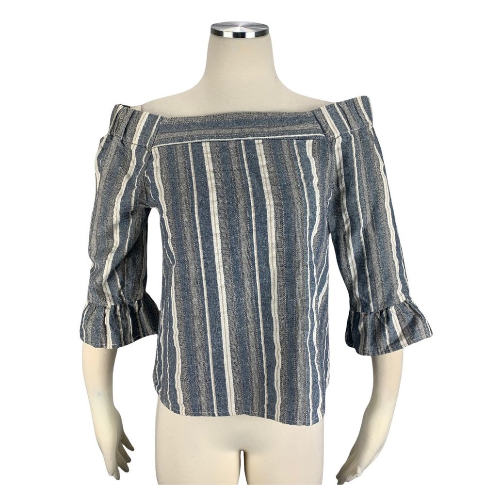 Vestique Small Blue Striped Linen Top Off Shoulder Nautical Beach